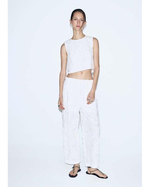 Mango White Embroidered Floral Cotton Trousers