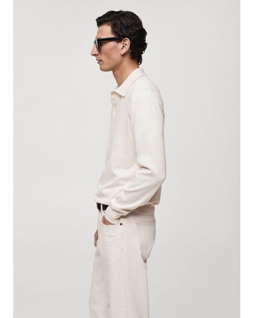 Mango White Long-sleeved Cotton Jersey Polo Shirt for men