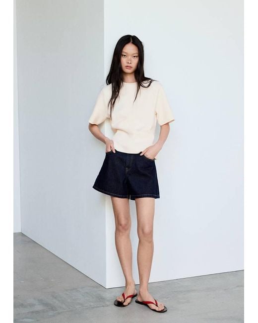 Mango White Short-Sleeved Fine-Knit Sweater
