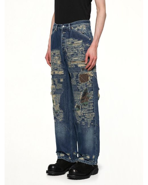 THUG CLUB Blue Vintage-Stitched Camo Denim Pants for men