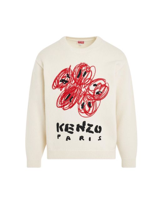KENZO White Drawn Varsity Knit Sweater, Long Sleeves, Off, 100% Wool for men