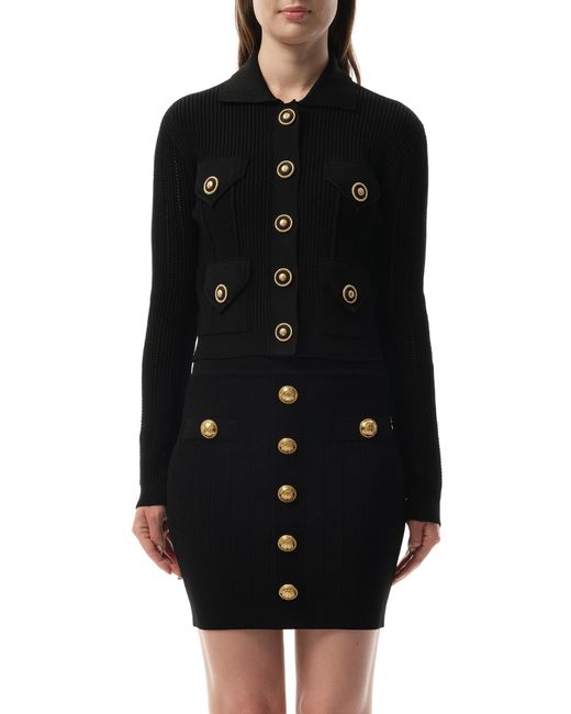 Balmain Black 4 Pockets Buttoned Ribbed Knit Cardigan, 100% Polyester