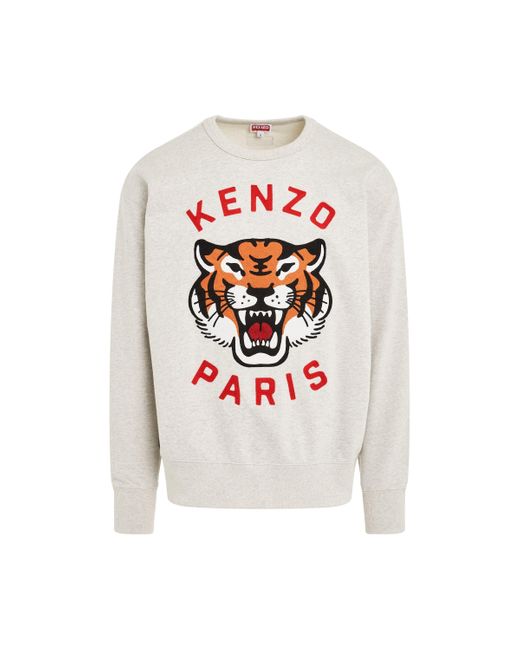 KENZO White Lucky Tiger Oversized Sweatshirt, Round Neck, Short Sleeves, Pale, 100% Cotton, Size: Medium for men