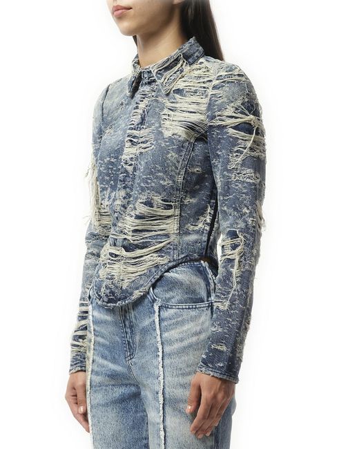 DIESEL Blue De-Madeline Distressed Denim Shirt, 100% Cotton, Size: Small