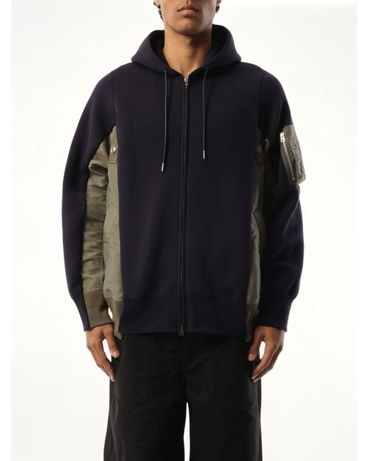 Sacai Blue Sponge Sweat Nylon Twill Zip Hoodie, Long Sleeves, 100% Cotton for men