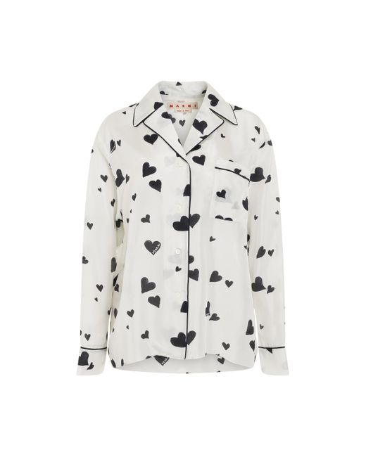 Marni White Heart-Printed Pyjama Shirt, Long Sleeves, Stone, 100% Silk