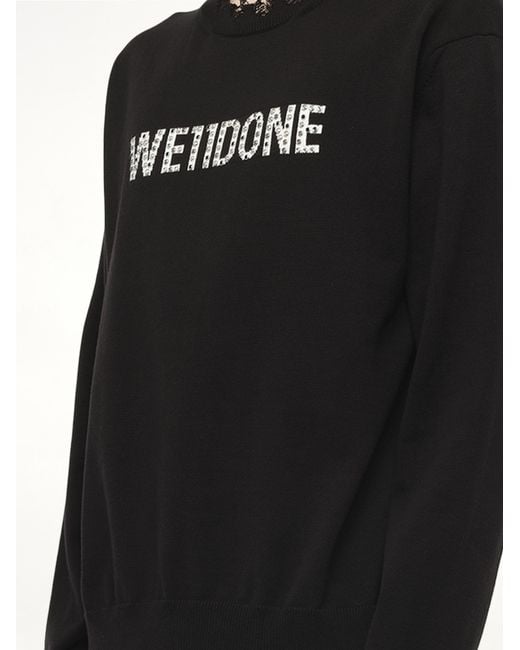 we11done Black Grunge Rhinestone Logo Sweater for men