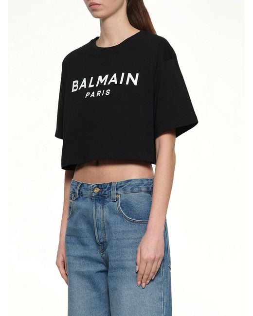 Balmain Blue Cropped Print Logo Eco T-Shirt
