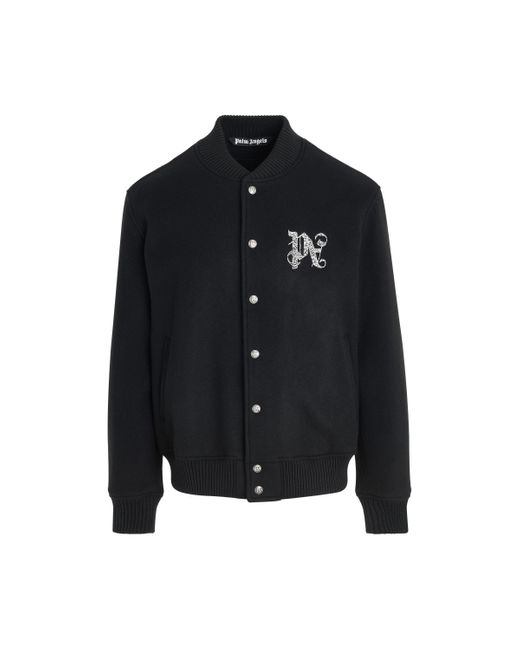 Palm Angels Black Monogram Varsity Bomber Jacket, Long Sleeves, /Off for men