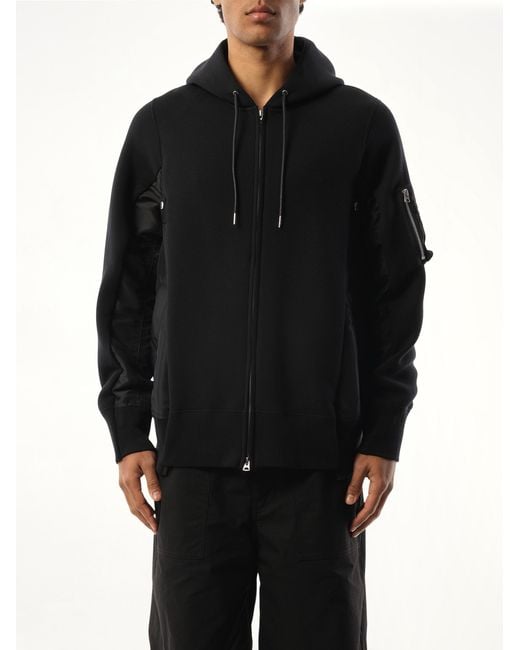 Sacai Black Sponge Sweat Nylon Twill Zip Hoodie for men