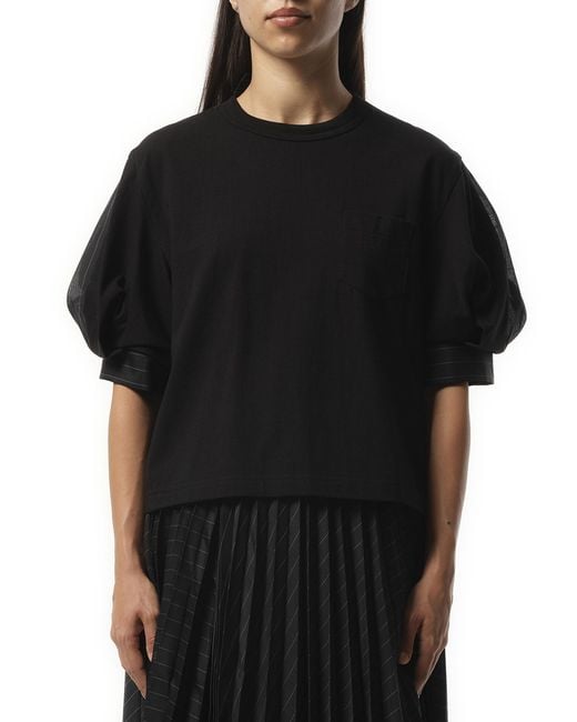 Sacai Black X Spun Organza X Cotton Jersey T-Shirt, Short Sleeves, 100% Polyester