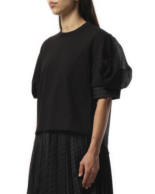 Sacai Black X Spun Organza X Cotton Jersey T-Shirt, Short Sleeves, 100% Polyester