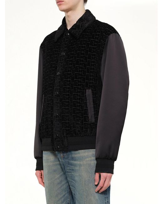 Balmain Black Monogram Velvet/Satin Bomber Jacket for men