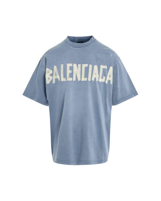 Balenciaga Blue Tape Logo Vintage T-Shirt, Short Sleeves, Faded, 100% Cotton, Size: Large for men