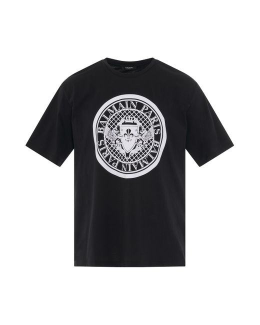 Balmain Black Coin Flock Straight Fit T-Shirt, Short Sleeves, , 100% Organic Cotton, Size: Medium for men