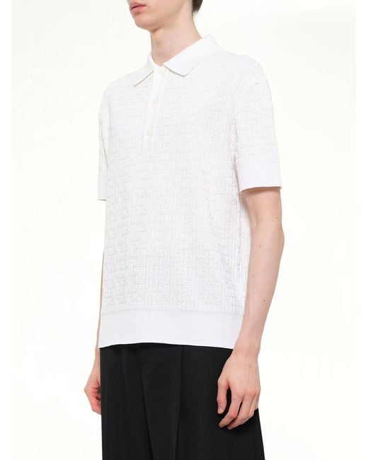 Balmain White Monogram Vanise Knit Polo for men