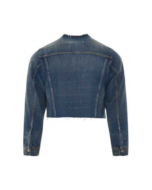 Maison Margiela Blue Cropped Collarless Denim Jacket, Round Neck, Long Sleeves, , 100% Cotton for men