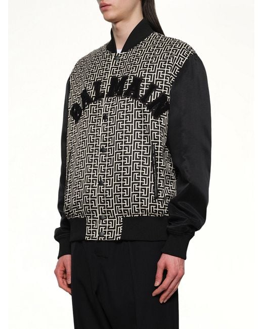 Balmain Gray Monogram Varsity Jacket for men