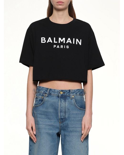 Balmain Blue Cropped Print Logo Eco T-Shirt
