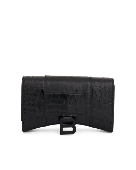 Balenciaga Black Hourglass Wallet On Chain Shiny Croco, , 100% Leather