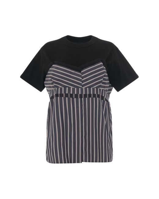 Sacai Black Cotton Poplin T-Shirt, Round Neck, Short Sleeves, /Stripe, 100% Cotton