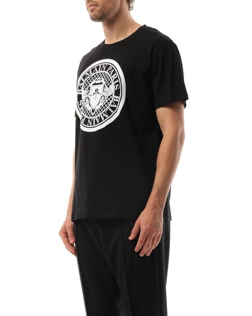 Balmain Black Coin Flock Reg Fit T-Shirt, Round Neck, Short Sleeves, 100% Cotton, Size: Medium for men