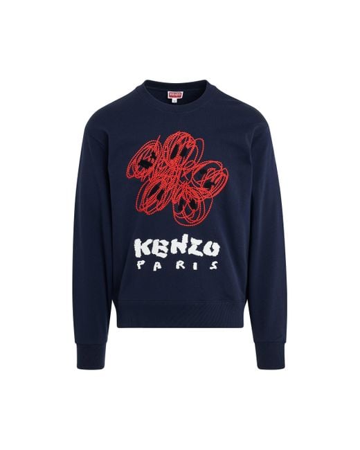 KENZO Blue 'Drawn Varsity Classic Sweatshirt, Long Sleeves, Midnight, 100% Cotton, Size: Small for men