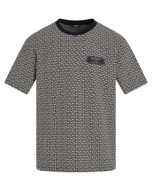 Balmain Gray Monogram Jacquard Signature Label T-Shirt, Short Sleeves, 100% Cotton for men