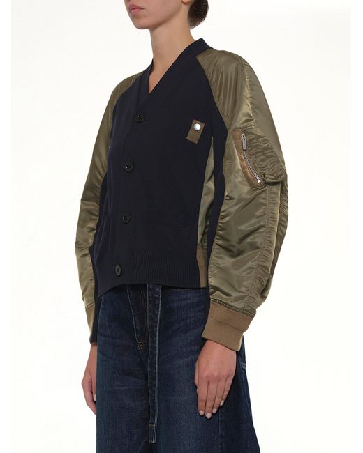 Sacai Blue Nylon Twill X Knit Cardigan