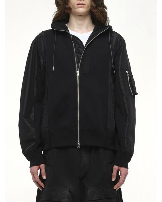Sacai Black Sponge Sweat Nylon Twill Hoodie, 100% Cotton for men