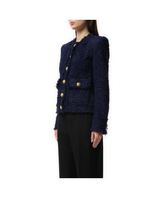 Balmain Blue Collarless 2 Pocket Tweed Jacket, Long Sleeves, Midnight, 100% Polyamide