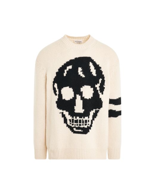 Alexander McQueen Black Skull Intarsia Knit Sweater, Long Sleeves, Cream/, 100% Cashmere, Size: Medium for men