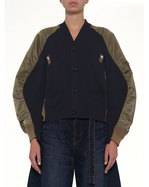 Sacai Blue Nylon Twill X Knit Cardigan