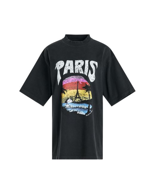 Balenciaga Black Tropical Paris Logo T-Shirt, Short Sleeves, Faded/, 100% Cotton