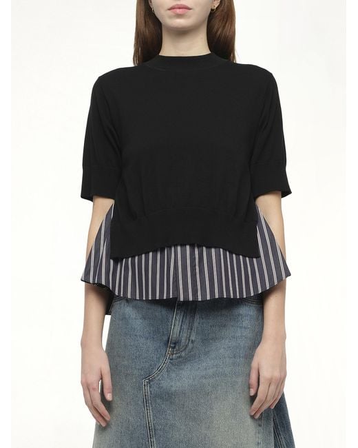 Sacai Black X Poplin X Knit Pullover, 100% Polyester