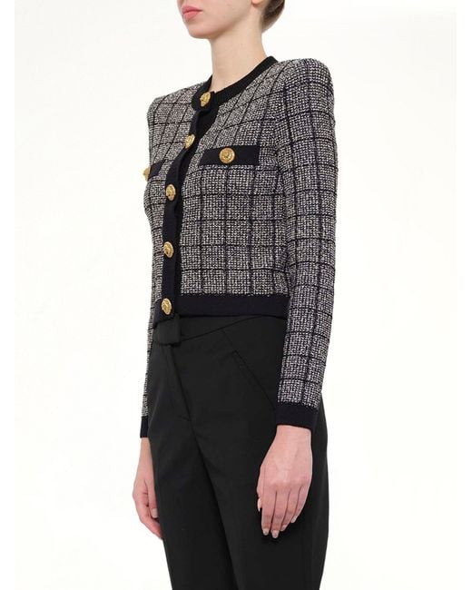 Balmain Gray Round Collar Light Tweed Knit Cardigan
