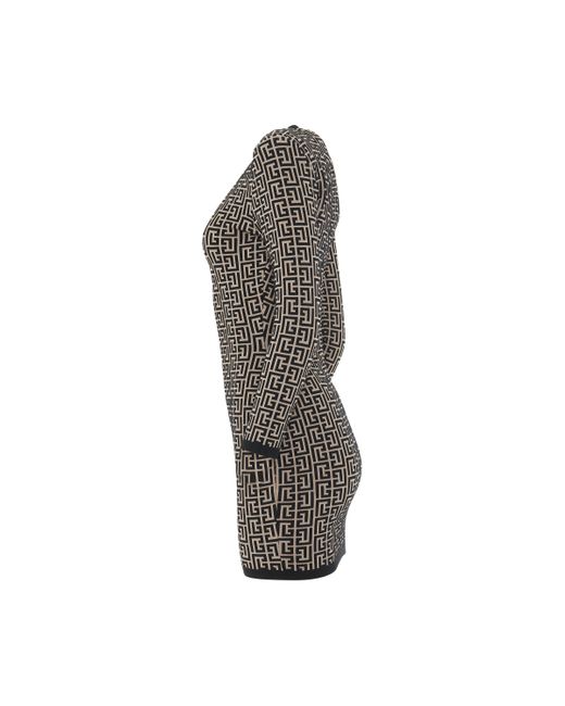 Balmain Black Long Sleeve Monogram Knit Short Dress, Round Neck, Ivory