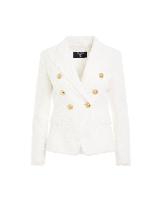 Balmain White 6 Buttons Double Breasted Tweed Jacket, Long Sleeves, , 100% Cotton
