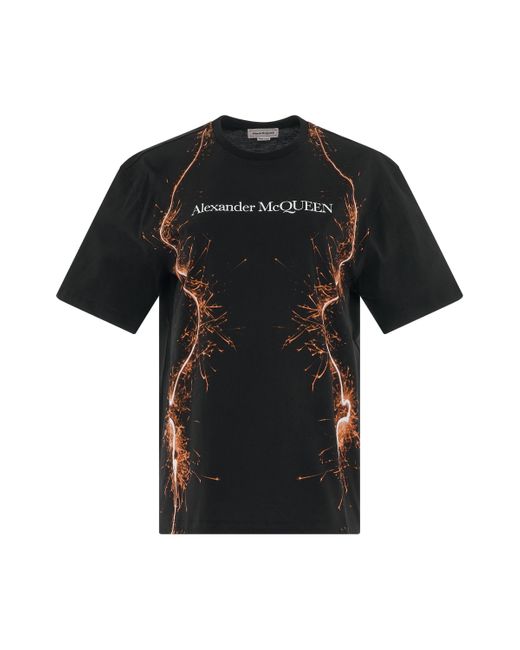 Alexander McQueen Black Fireworks Organic T-Shirt, Round Neck, Short Sleeves, , 100% Cotton