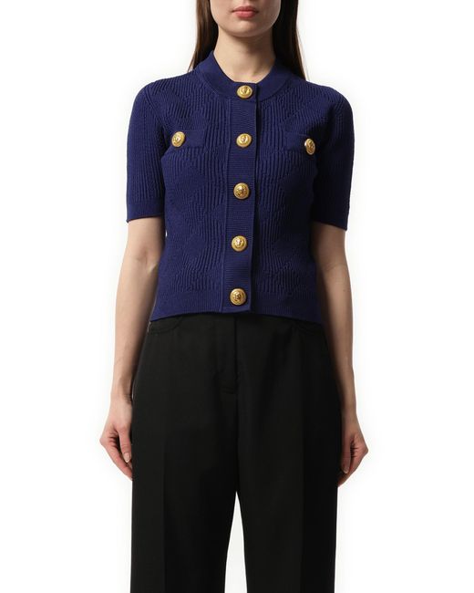 Balmain Blue Buttoned 2 Pockets Vichy Knit Cardigan, Short Sleeves, 100% Polyester