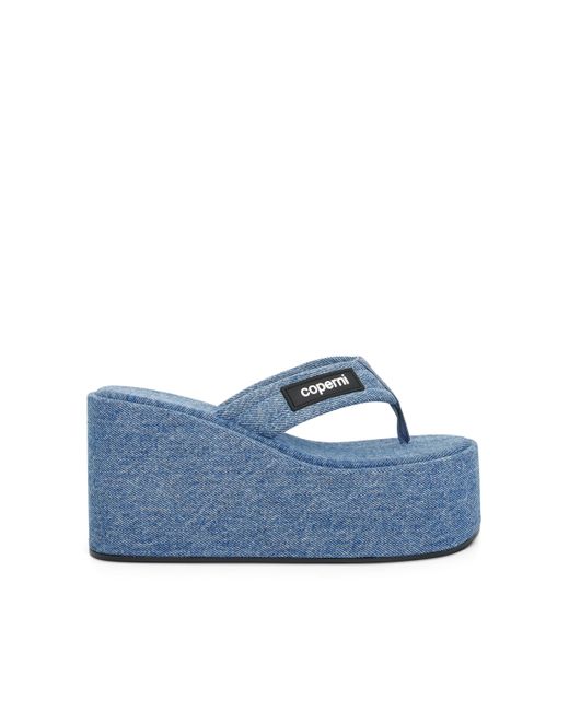 Coperni Blue Denim Branded Wedge Sandals, Washed, 100% Denim