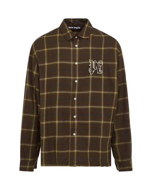 Palm Angels Green Monogram Check Shirt for men