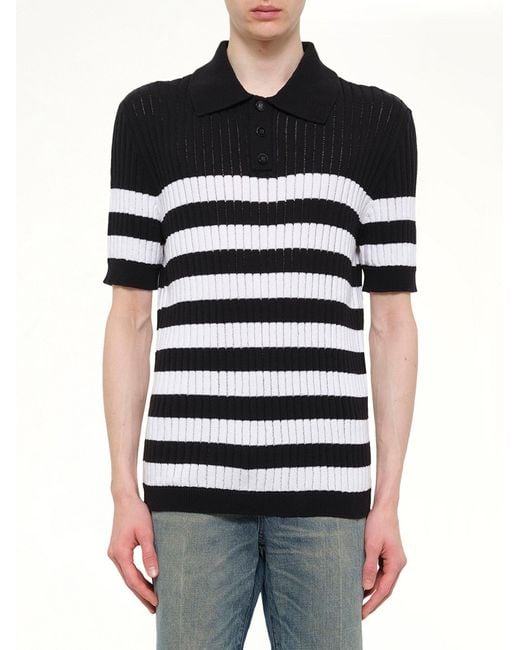 Balmain Black Mariniere Ribbed Cotton Knit Polo for men