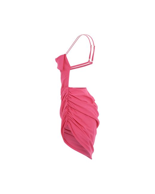 Jacquemus Pink Saudade Asymmetric Draped Mini Dress, , 100% Cotton