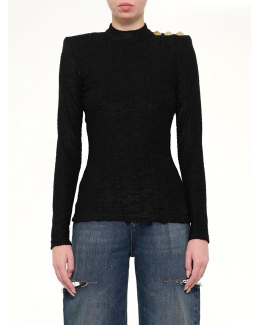 Balmain Black Ls Bouclette Monogram Top