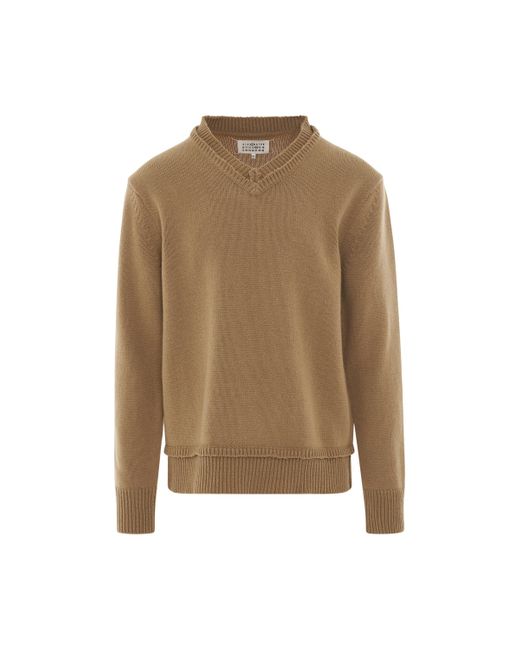 Maison Margiela Natural Elbow Patch V-Neck Knit Sweater, Long Sleeves, , 100% Cotton, Size: Large for men