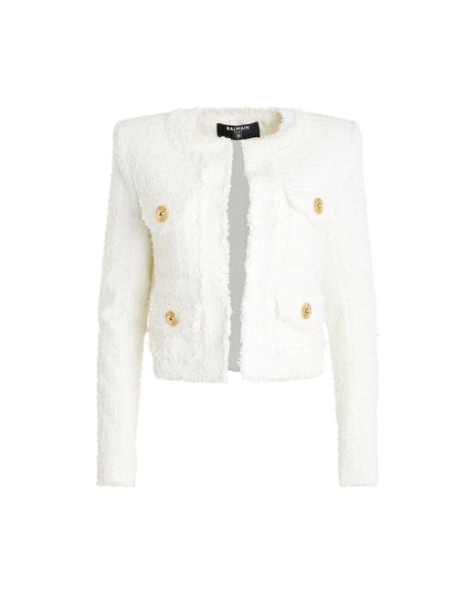 Balmain White Collarless 4 Pocket Tweed Jacket, Round Neck, Long Sleeves, , 100% Cotton
