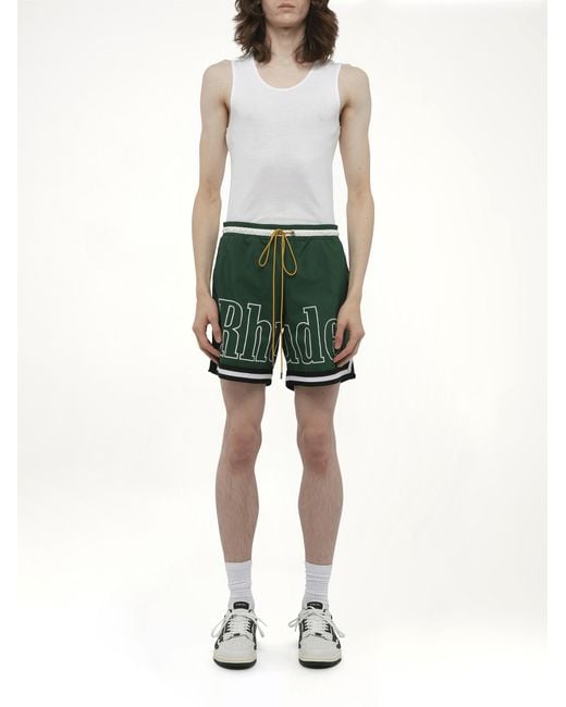 Rhude Green Logo Basketball Swim Shorts, 100% Polyester, Size: Large for men