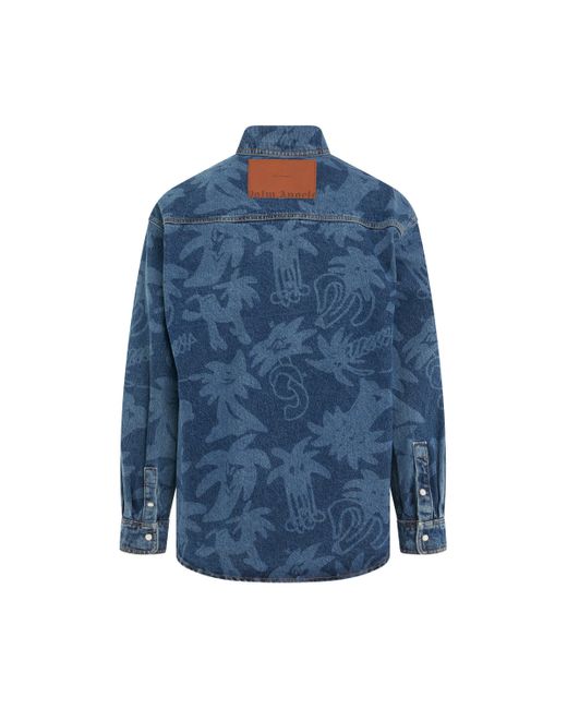 Palm Angels Blue Palmity Laser Printed Denim Shirt, Long Sleeves, , 100% Cotton, Size: Medium for men