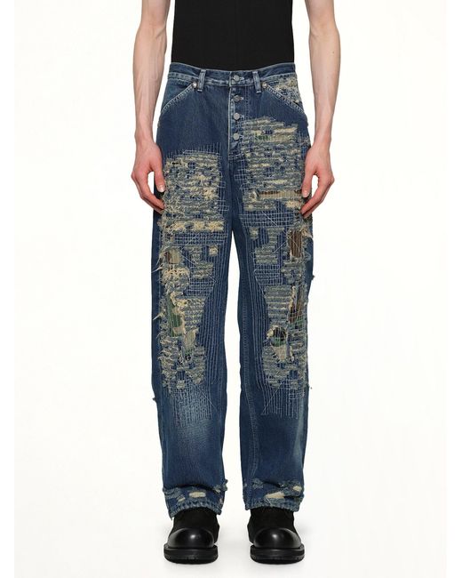 THUG CLUB Blue Vintage-Stitched Camo Denim Pants for men